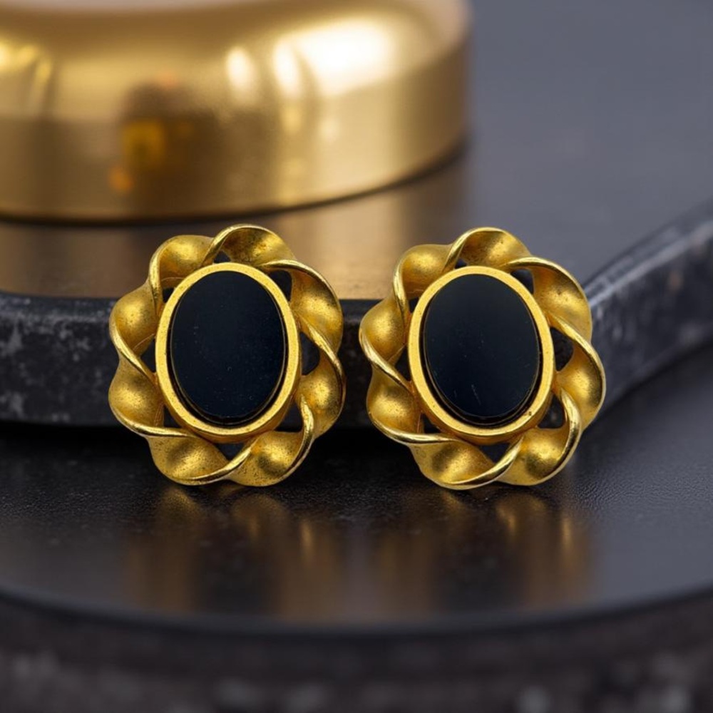 Vintage Signed Karl Lagerfeld KL Gold & Black Oversized Clip-On Earrings –1.75”